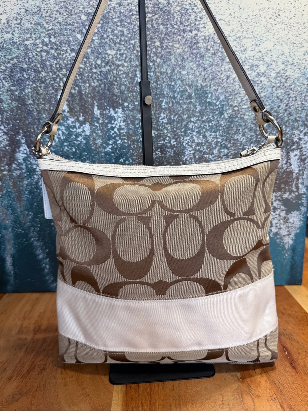 Coach Y2K 2009 Signature Stripe Canvas Hobo Bag Khaki Ivory GUC - Picture 4 of 17